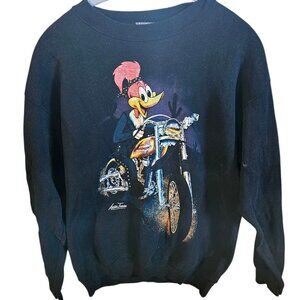 Large / Medium Vintage Woody Woodpecker biker crewneck sweater black CL0003